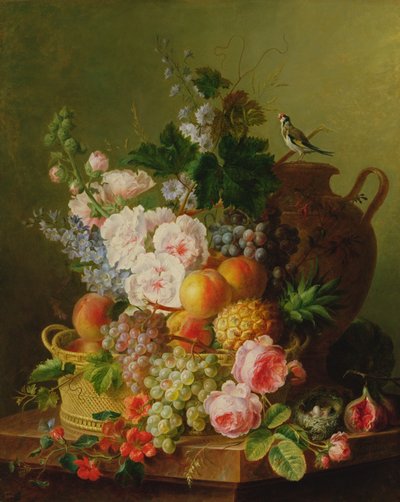 Still Life of Fruits and Flowers in a Wicker Basket on a Ledge by Cornelis van Spaendonck